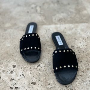 Only worn once. Jimmy Choo sandal black suede with gold size 7.5